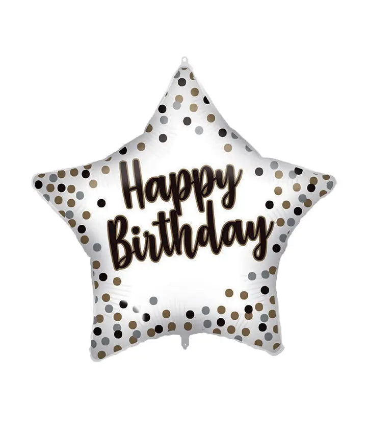 White-Gold Happy Birthday Star Foil Balloon 46 cm