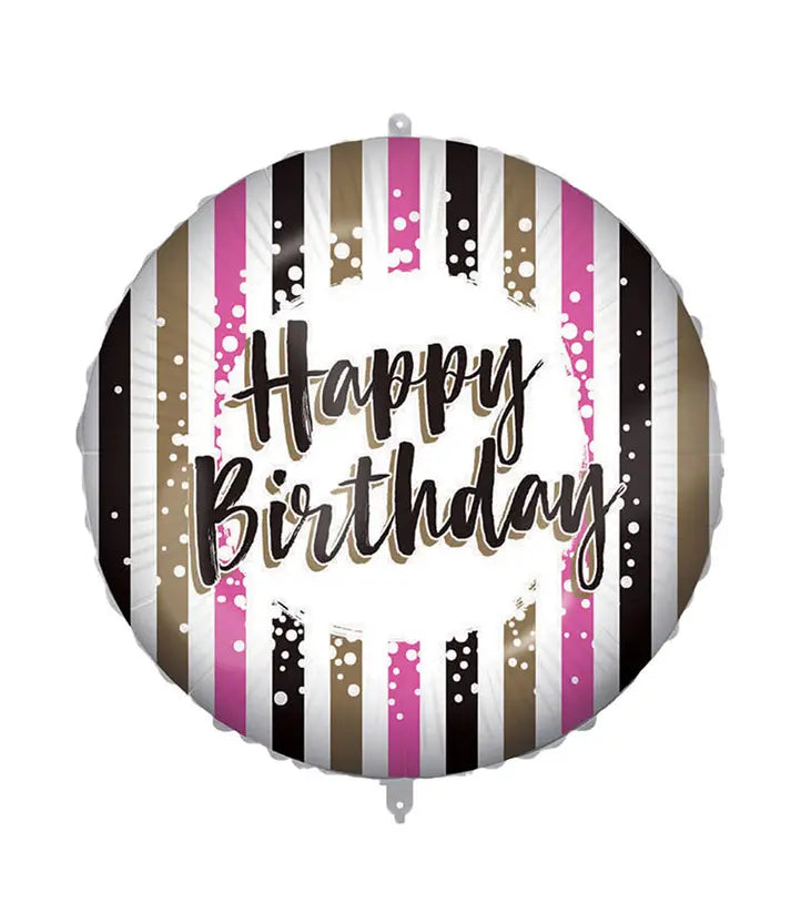 "Happy Birthday Pink Gold Stripes" Round Foil Balloon 46 cm