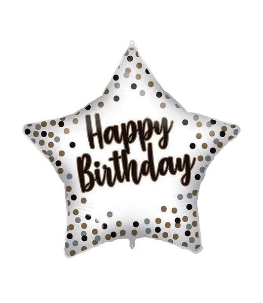 White-Gold Happy Birthday Star Foil Balloon 46 cm