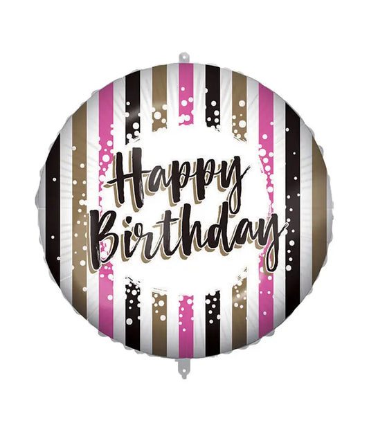 "Happy Birthday Pink Gold Stripes" Round Foil Balloon 46 cm