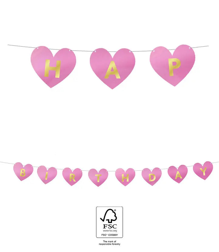 Happy Birthday Die-Cut Paper Banner Heart with Metallic Letters