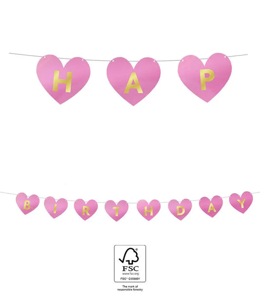 Happy Birthday Die-Cut Paper Banner Heart with Metallic Letters