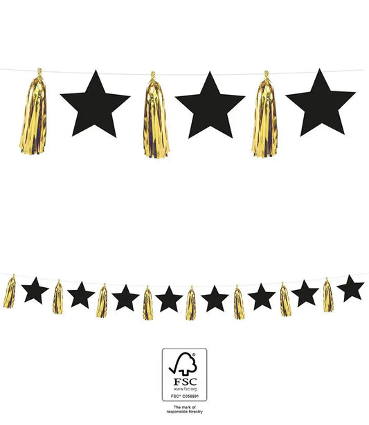 Birthday Party FSC Paper Garland with Black Stars and Gold Tassels